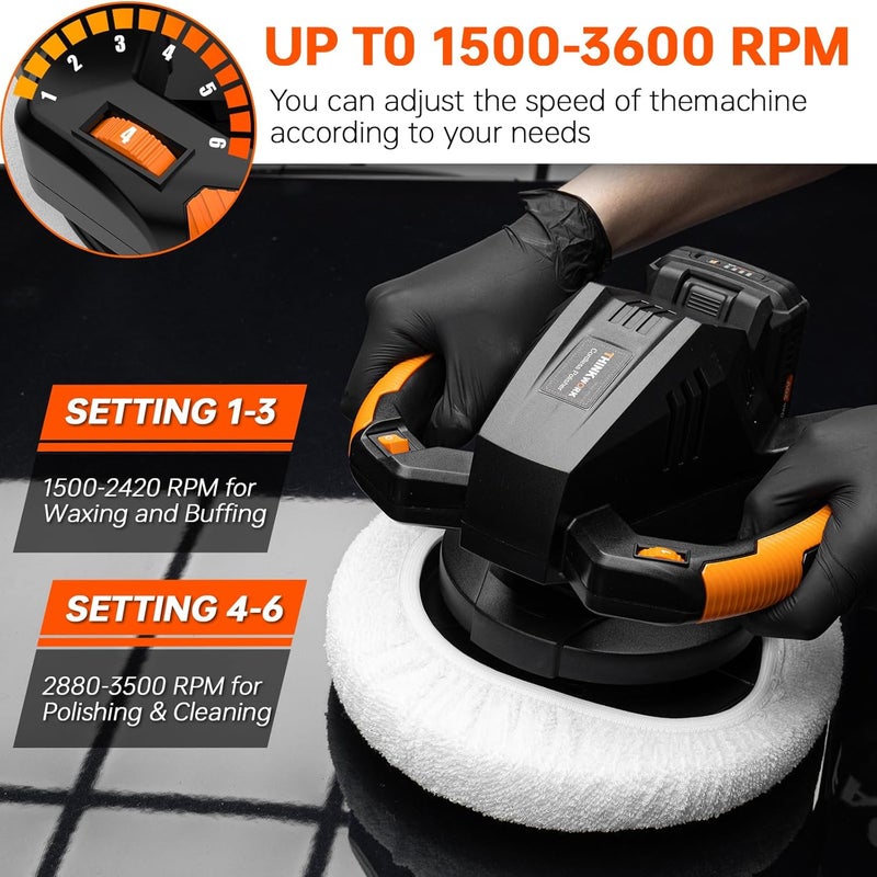 THINKWORK Buffer Polisher, 20V Cordless Buffer Polisher, 10 Inch Portable Polishing Machine Kit for Car, with 2Ah Rechargeable Battery, 6 Variable Speed 1500-3600RPM,Double handle,Ideal for Car Waxing - Image 3